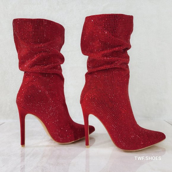 Resolve Sparkling Red Rhinestone High Heel Slouch Calf Boots New Years Bling - Picture 3 of 17